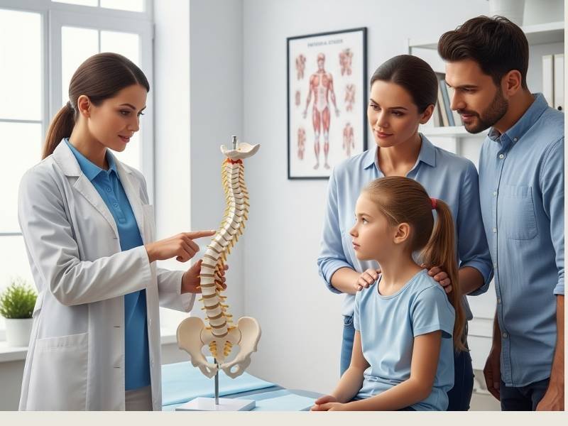 Fisioterapeuta explicando para uma família sobre como Schroth Method atua na coluna vertebral