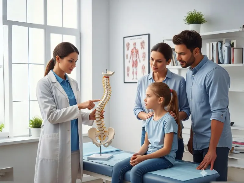 Família, e fisioterapeuta explicando os benefícios do uso do colete