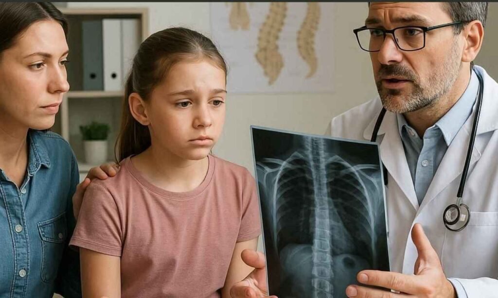 família consultando com um médico pra saber se a filha tem escoliose