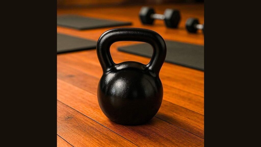 Imagem mostrando uma kettlebell e, uma sala de exercícios.