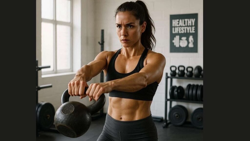 Mulher treinando com kettlebell