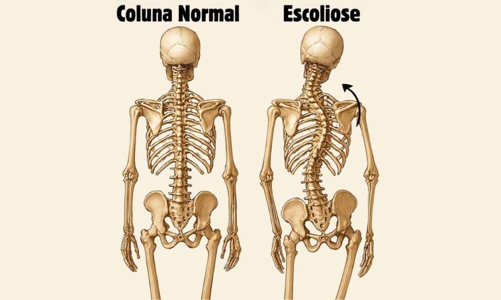 imagem mostrando as alterações da coluna vertebral com escoliose. Como tratar a escoliose