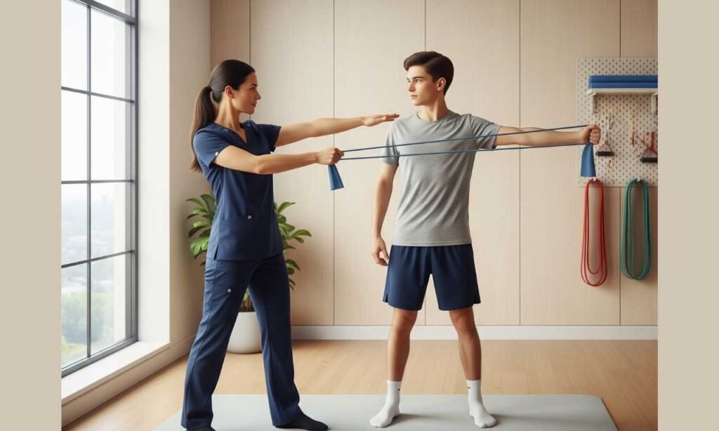 terapeuta fazendo exercício com o paciente para tratar a escoliose